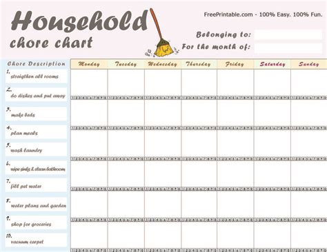 Printable Household Chore Charts | Chore chart template, Free printable chore charts, Printable ...