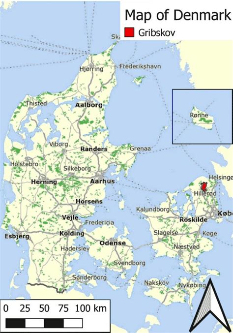 Map of Denmark showing the position and shape of Gribskov. | Download Scientific Diagram