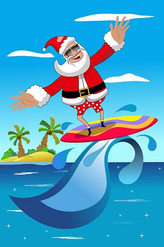 Santa Claus Surfing In Tropical Sea With Surfboard Stock Illustration - Download Image Now - iStock