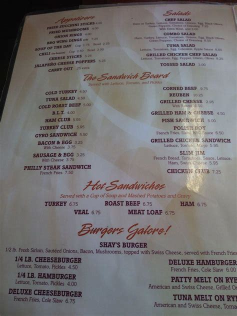 Menu at Shay's Restaurant, Cleveland