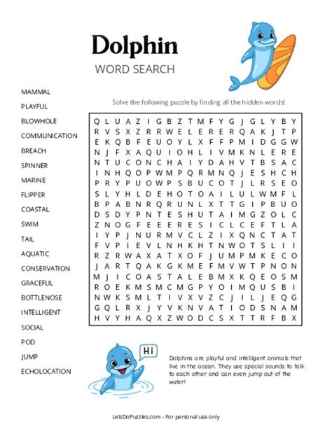 Free Printable Dolphin Word Search