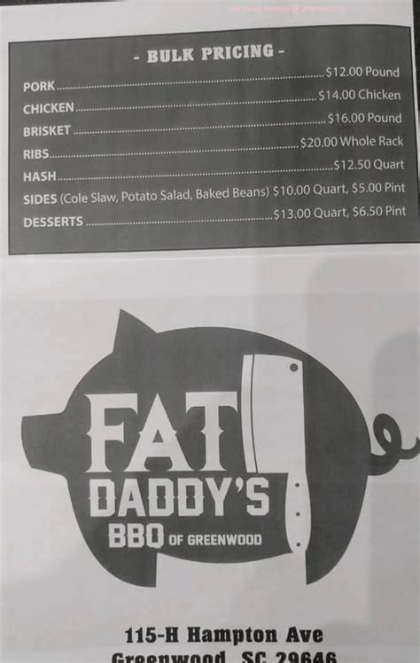 Menu at Fat Daddy's BBQ, Greenwood, 115 Hampton Ave