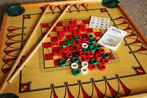 Large Vintage Double Sided Carrom Game Board with Game Pieces