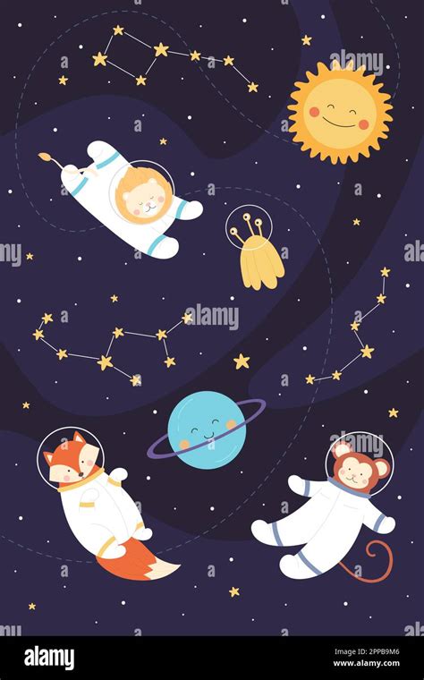 Space adventure of astronaut animals vertical vector illustration. Cartoon childish art design ...