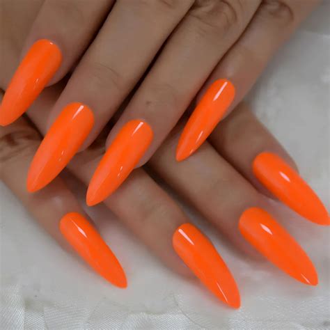 Neon Fake Nails Extremely Long Bright Orange Shiny Press On Nail ...