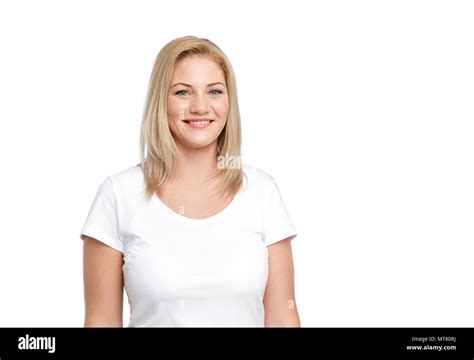 happy woman in white t-shirt Stock Photo - Alamy