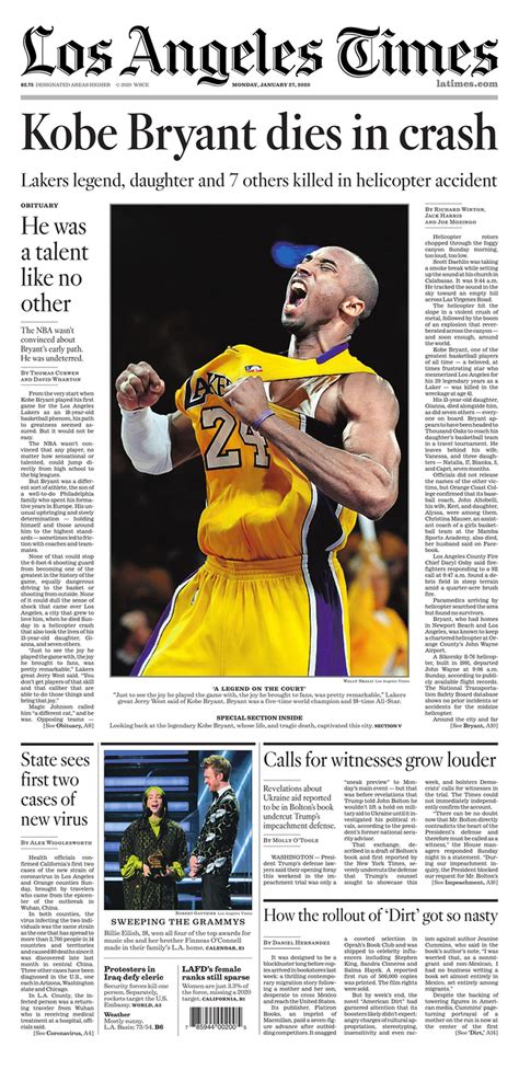 Kobe Bryant's death memorialized on newspaper front pages