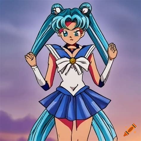 Sailor moon with super saiyan blue hair, 90s artwork