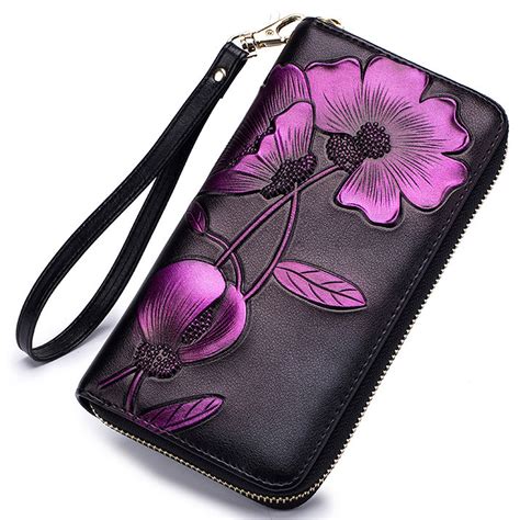 Ayli_AsYouLikeIt - Women's RFID Blocking Genuine Leather Floral Print Large Capacity Zip Around ...