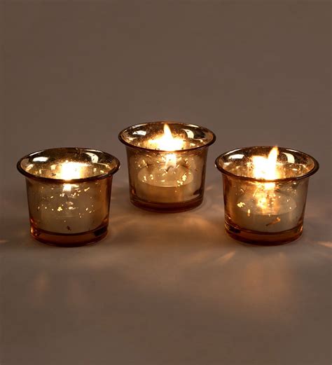 Set Of 3 Hosley Metallic Gold Glass Candle/Tealight Holder With Free 6 ...