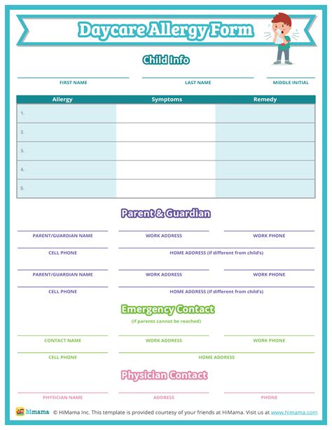 Printable Food Allergy Form Template