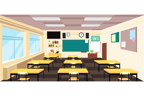 Cartoon empty classroom, high school room interior with desk (913015) | Illustrations | Design ...