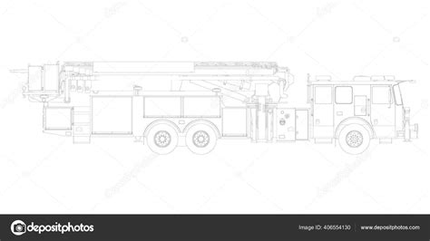 Outline of a fire truck from black lines isolated on a white background. Side view. Vector ...