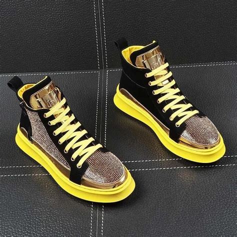 Men High Top Sneakers Luxury Design Gold Glitter Lace Up Crystal Platform | Men's high top ...