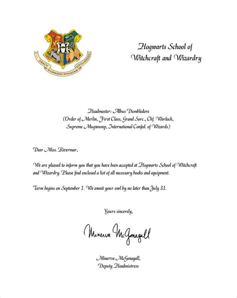 Hogwarts Acceptance Letter Template Free Download | PDF Template