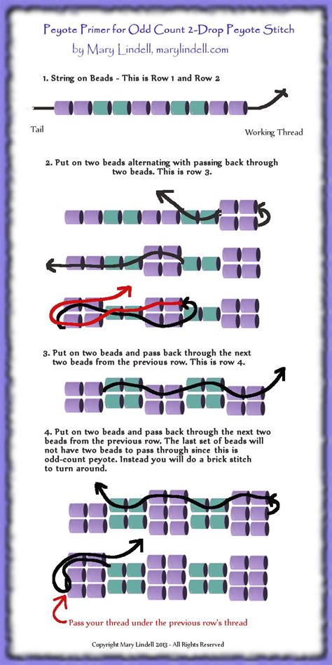 How to Bead Weave Odd Count 2-Drop Peyote Stitch Graphical Tutorial by Mary Lindell, marylindell ...