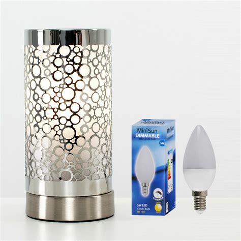 Touch Table Lamp Bedside Lighting Brushed Chrome Cylinder Base Light LED Bulb | eBay