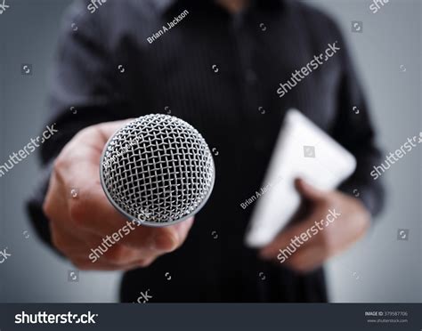 Hand Holding Microphone Conducting Business Interview Stock Photo (Edit ...