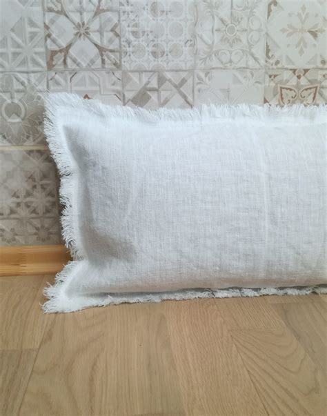 Linen lumbar pillow with fringes - Bench cushion - White pillowcase - Long lumbar pillow - Thick ...