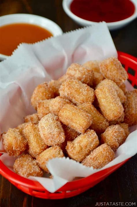 Easy Churro Bites | Just a Taste | Bite size desserts, Fair food recipes, Dessert bites