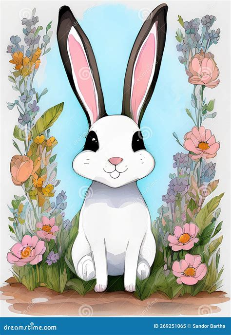 White Bunny Drawing Art with Colorful Flowers. Stock Image - Image of sketch, mammal: 269251065