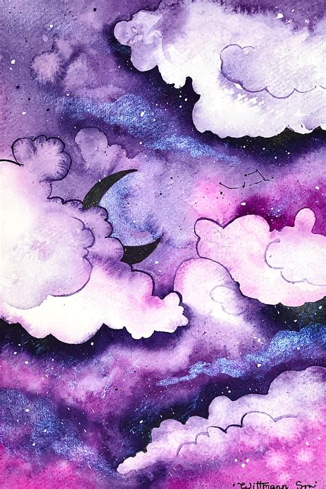 Night Sky Painting Skyscape Original Art Clouds Watercolor Sky | Etsy