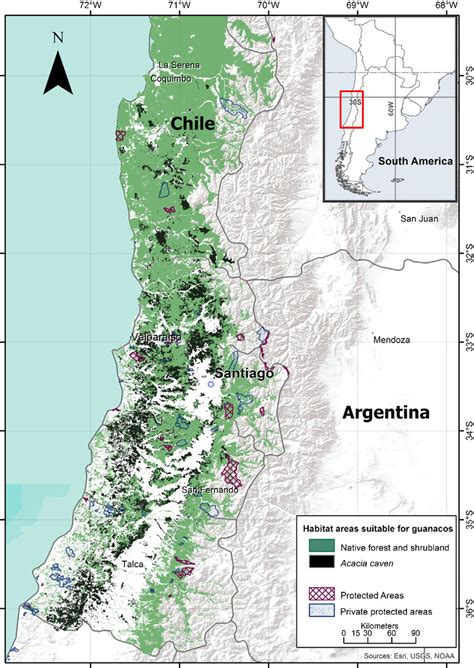 Habitat areas suitable for guanacos (Lama guanicoe) and protected areas ...