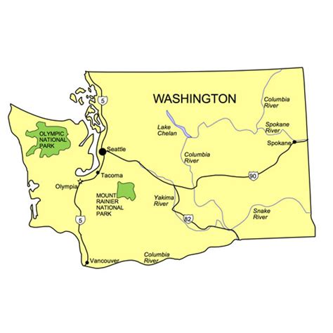 Washington US State PowerPoint Map, Highways, Waterways, Capital and Major Cities - Clip Art Maps