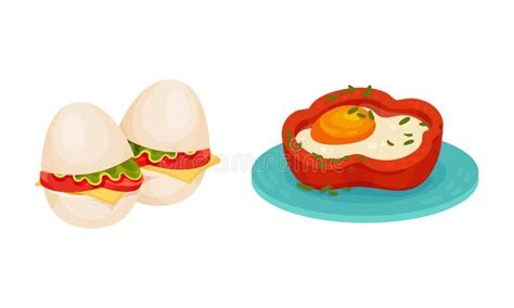 Stuffed Boiled Egg and Scrambled Egg in Bell Pepper Vector Set Stock Vector - Illustration of ...