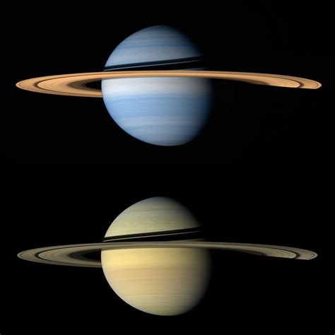 Saturn in near-infrared methane absorption bands and in true color processed from Cassini data ...