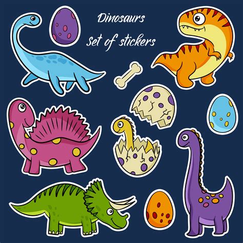 Cute dinosaurs hand drawn vector stickers in cartoon style. Dino flat cliparts. Vector ...