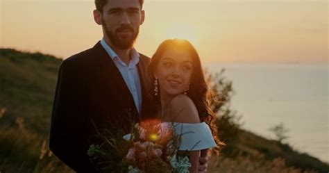 Wedding Couple On Sunset Background Beautiful Stock Footage Video (100% ...