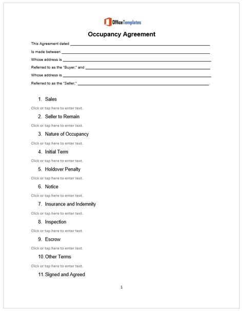 Occupancy Agreement Templates - Office Templates