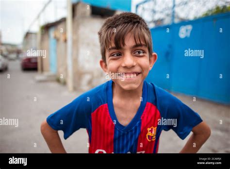 Baku / Azerbaijan - June 7, 2019: portrait of boy with fc barcelona ...