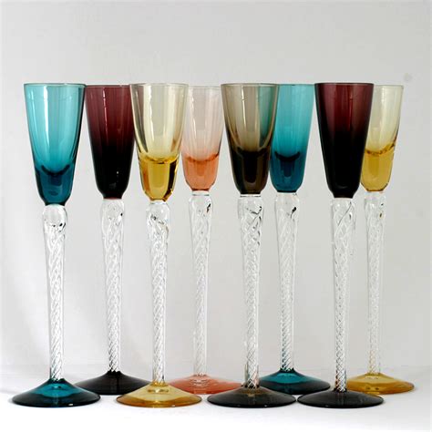 Set 8 Multicolored Airtwist Stem Cordial Glasses Art Glass Blue SOLD | Ruby Lane