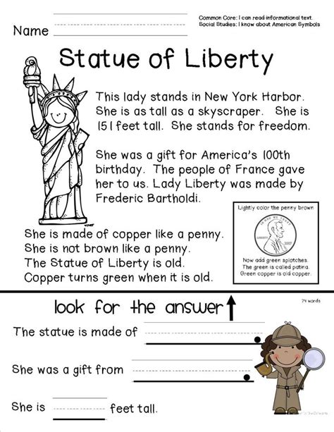 Reading comprehension sheet about the Statue of Liberty for primary grades. | classroom Helpers ...