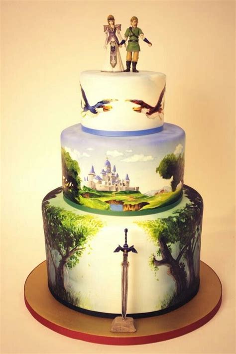 Hand-painted "Legend of Zelda" wedding cake. | Zelda cake, Zelda wedding, Painted wedding cake