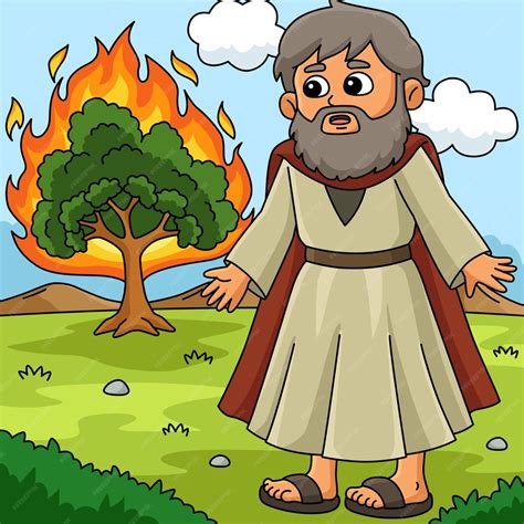 Premium Vector | This cartoon clipart shows a moses and burning bush ...