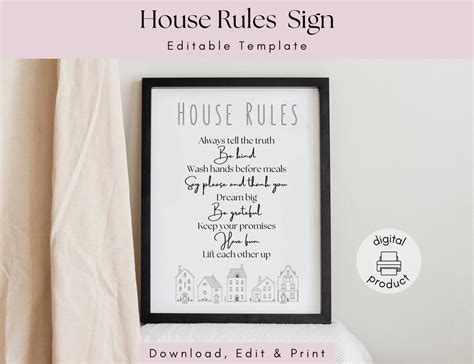 Editable House Rules Sign Template Minimalist Wall Art for Family ...