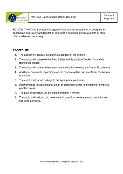 Food safety and sanitation checklist - Page: 9. Title: Food Safety and Sanitation Checklist ...