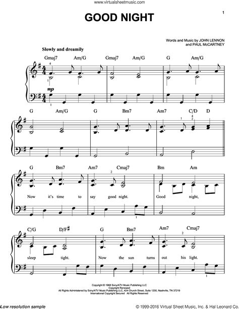 Good Night, (easy) sheet music for piano solo (PDF-interactive)