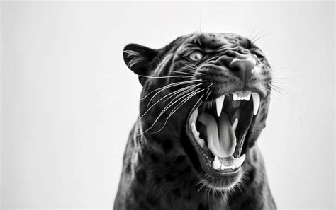 A black and white image of a black jaguar with its mouth open ...