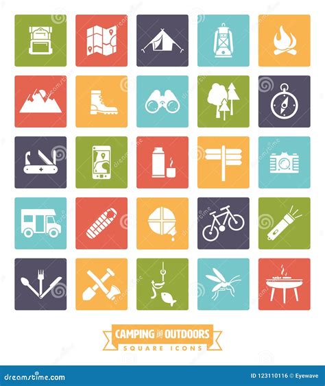 Camping and Outdoor Pursuits Square Icon Set Stock Vector - Illustration of camera, guide: 123110116