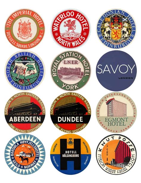 12x VINTAGE TRAVEL STICKERS: UK, SCANDINAVIA MIX - vintralab