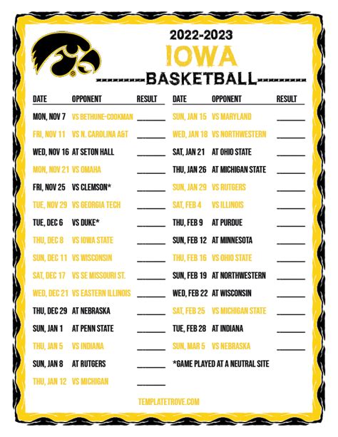 Iowa Basketball Schedule Printable