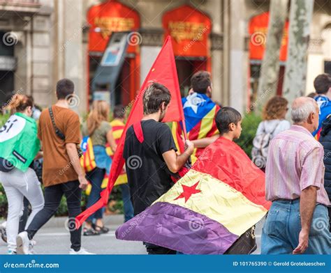 BARCELONA, SPAIN - OCTOBER 3, 2017: Demonstrators Bearing Catalan Flags ...