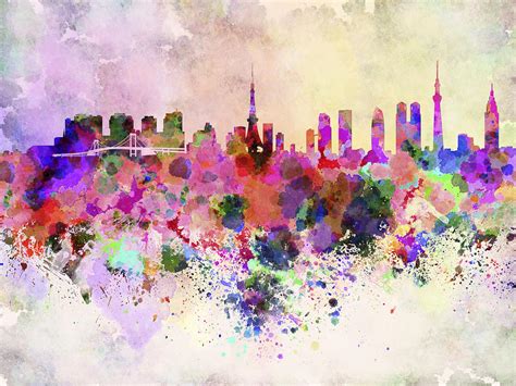 Tokyo skyline in watercolor background Digital Art by Pablo Romero - Pixels