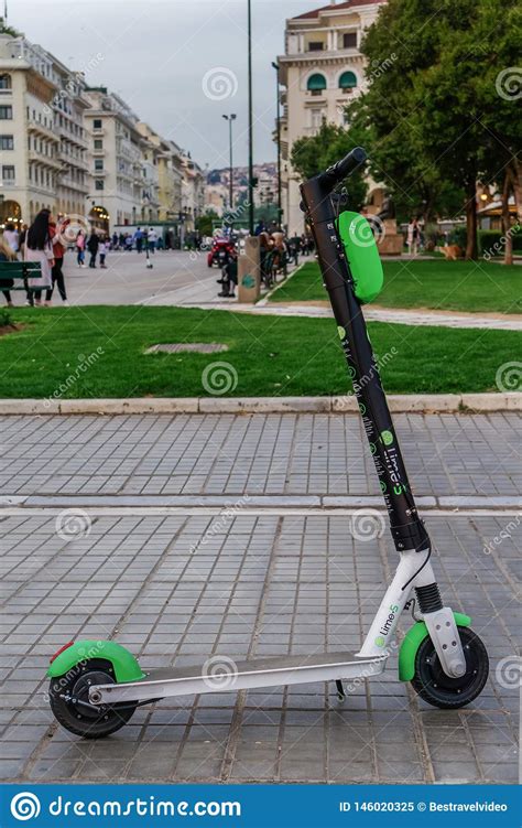 Thessaloniki, Greece - April 26 2019: a Parked Lime Electric Scooter Rental without Passenger. a ...