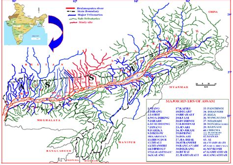 Map showing the tributaries of the river Brahmaputra in Assam along ...