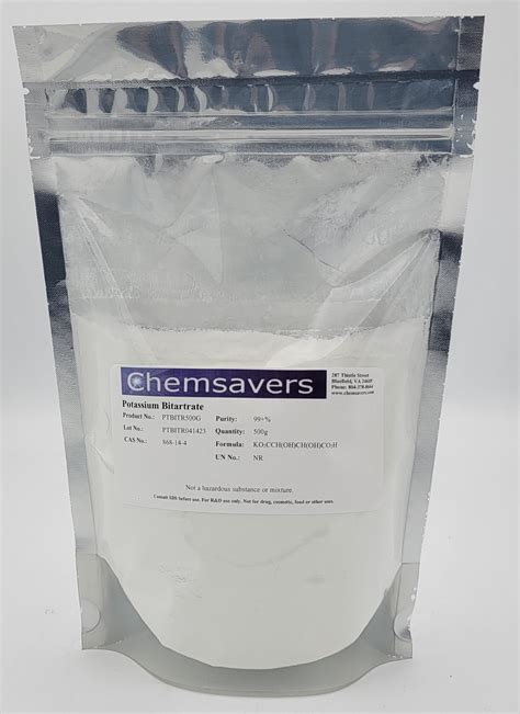 Potassium Bitartrate, 99+%, 500g - Chemsavers, Inc.